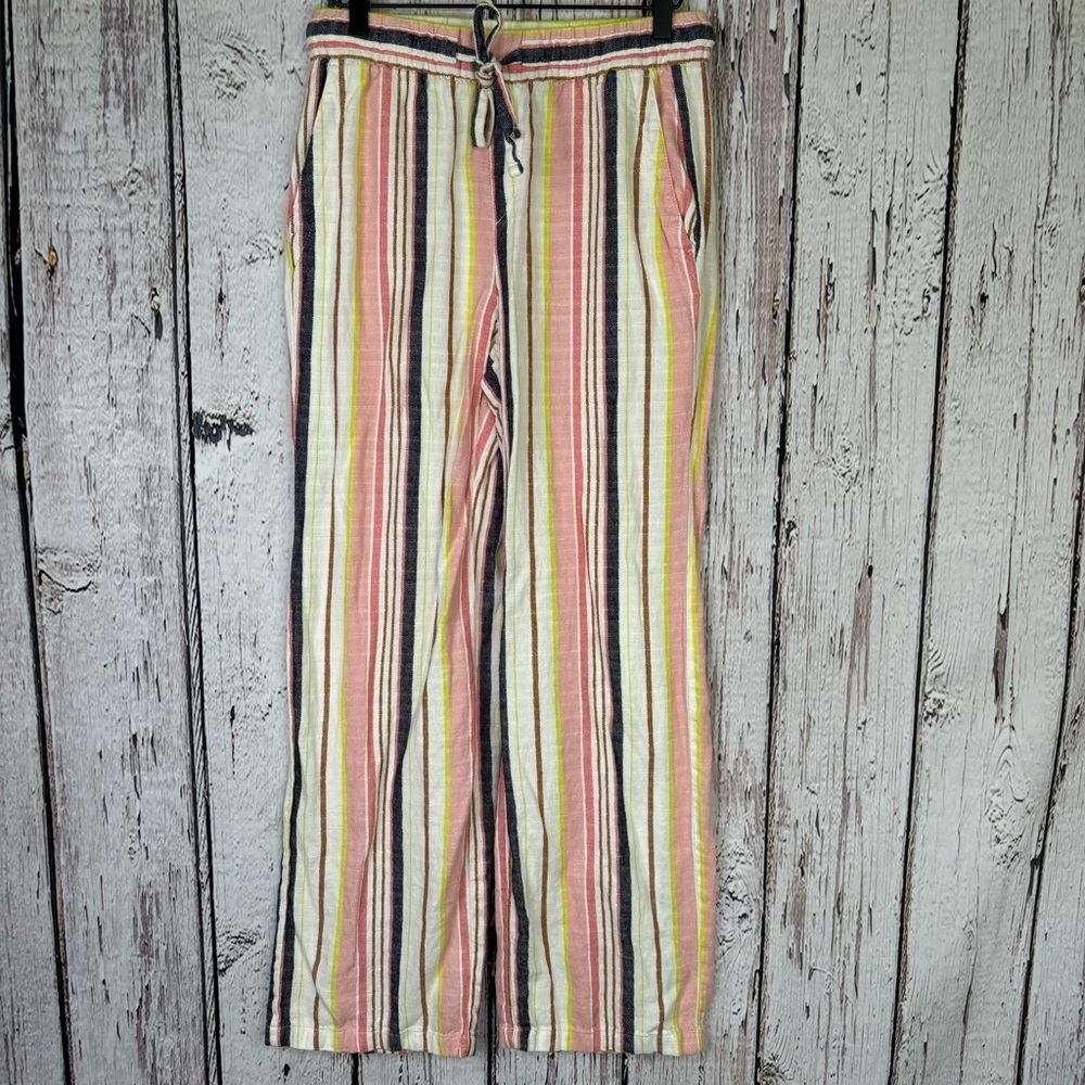 Old Navy XS Linen Blend High‎ Rise Wide Leg Pants Colorful Striped Pockets CUTE!